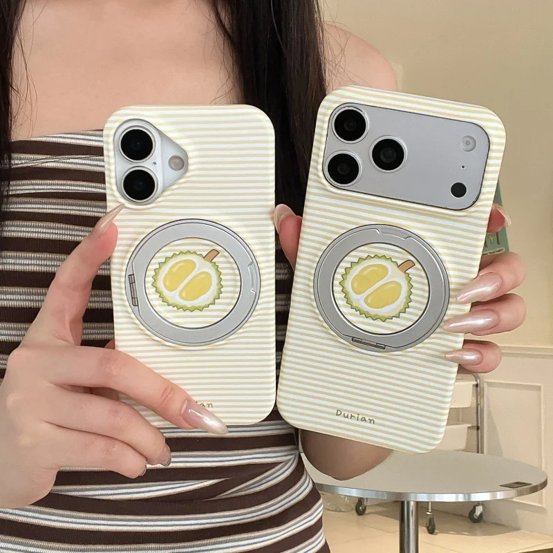 Simple Yellow Stripes Cute Durian Rotation Stand Phone Case For iPhone 16 Pro 17 15 Pro Max Back Cover Fashion Hard Protective C