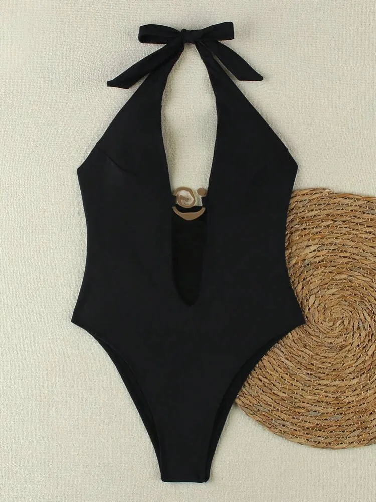 2025年新作 セクシーVネック ブラック レディース ワンピース水着 女性用水着 セクシーTバック水着 ビーチウェア 水着 ビキニ