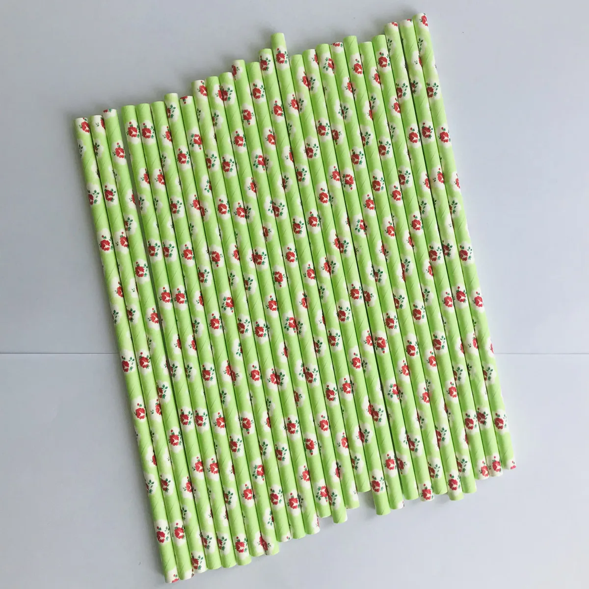 100 Pcs Red Rose Flower Paper Straws,Green Leaves Pastel Green Floral Wedding Baby Bridal Shower Garden Tea Bar Party Drinking