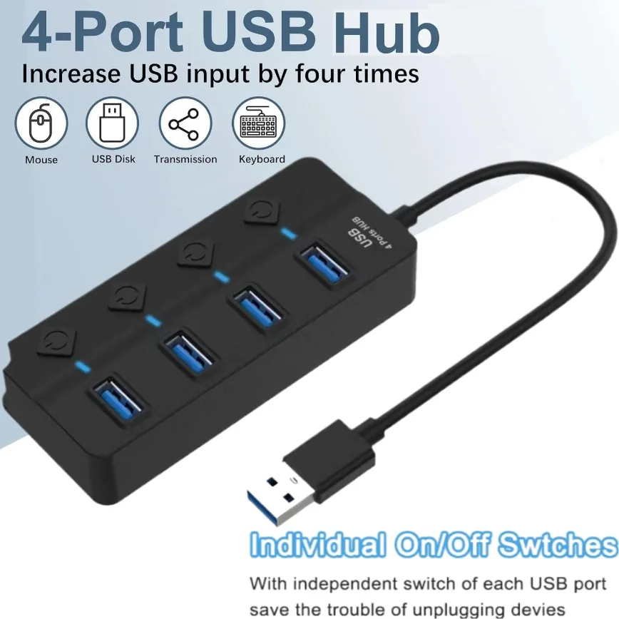 

4-Port USB Hub 3.0 USB Docking Stations with Individual Switches Expander Hub for Laptop/MacBook Flash Drives Mobile HDD Printer