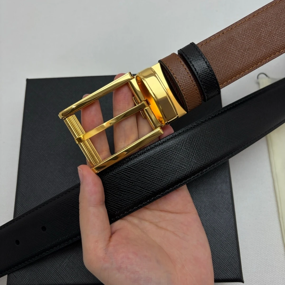 Casual Business Formal Waist Strap Luxury Men's Reversible Cross‑Grain Leather Belt Rotatable Pin Buckle Black Brown Dual‑Sided