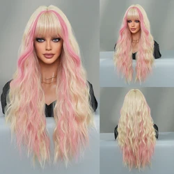 PARK YUN Blonde Wig Long Body Wavy Pink Ombre Blonde Wig for Women Daily Party High Density Synthetic Curly Hair Wigs with Bangs