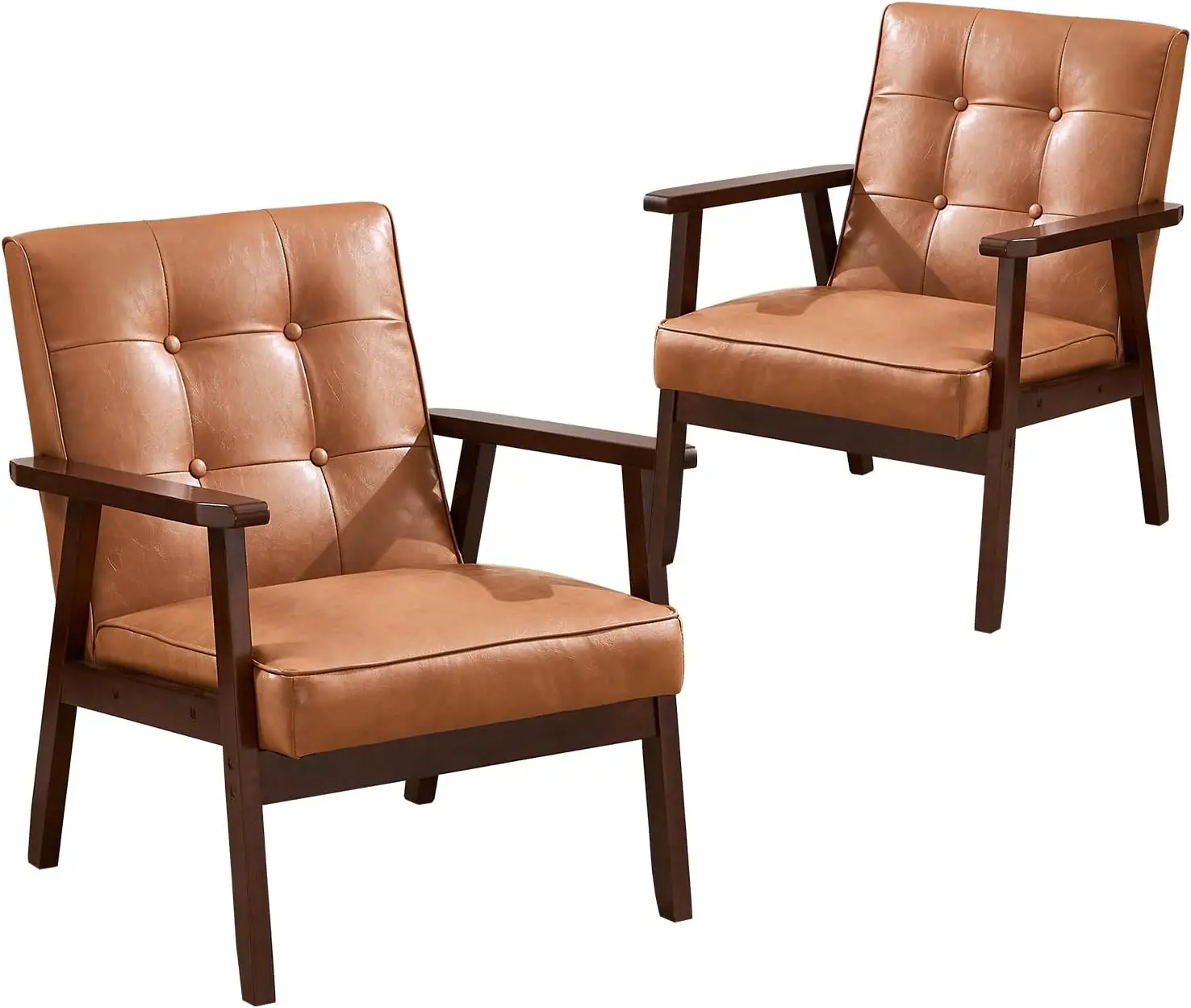 Juego de 2 sillas Century Modern Accent, sillón tapizado de piel sintética naranja con estructura de madera maciza