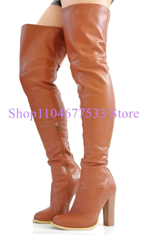 Brown Color Leather Chunky Heel Woman Long Boots Fashion Round Toe Over the Knee Boots Lady Winter Dress Booties Real Photos