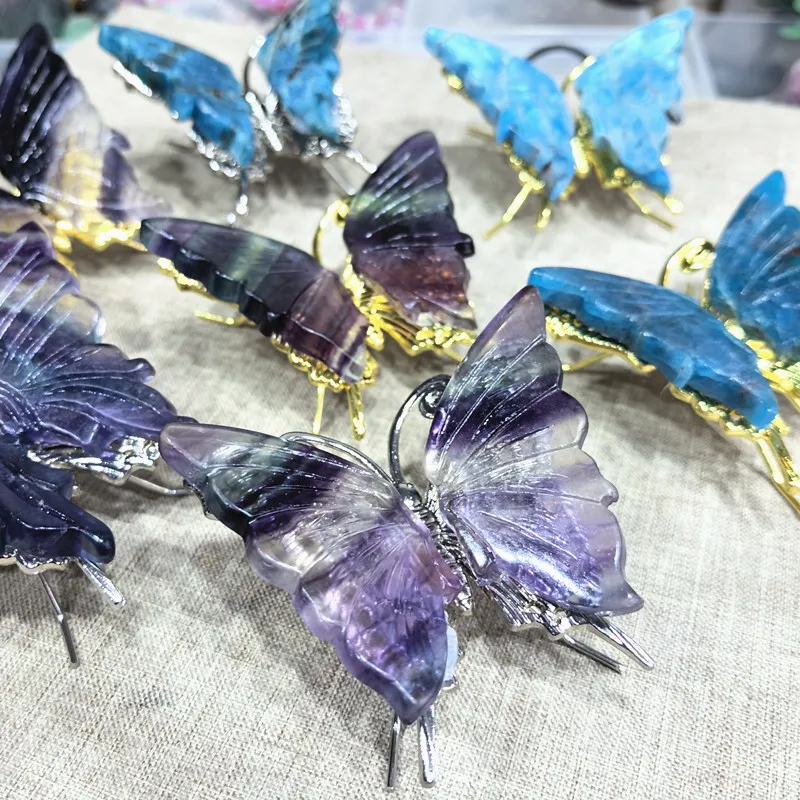 Natural Rainbow Fluorite Butterfly Crystal Carving Home Decor