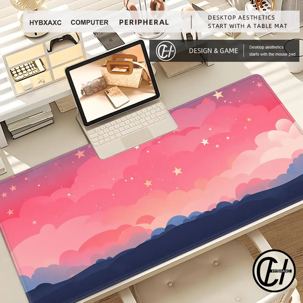 

Большой розовый коврик для мыши HYBXAXC 90x40 см, пастельные облака, коврик для стола, милый нескользящий коврик для мыши, удлиненный коврик для клавиатуры
