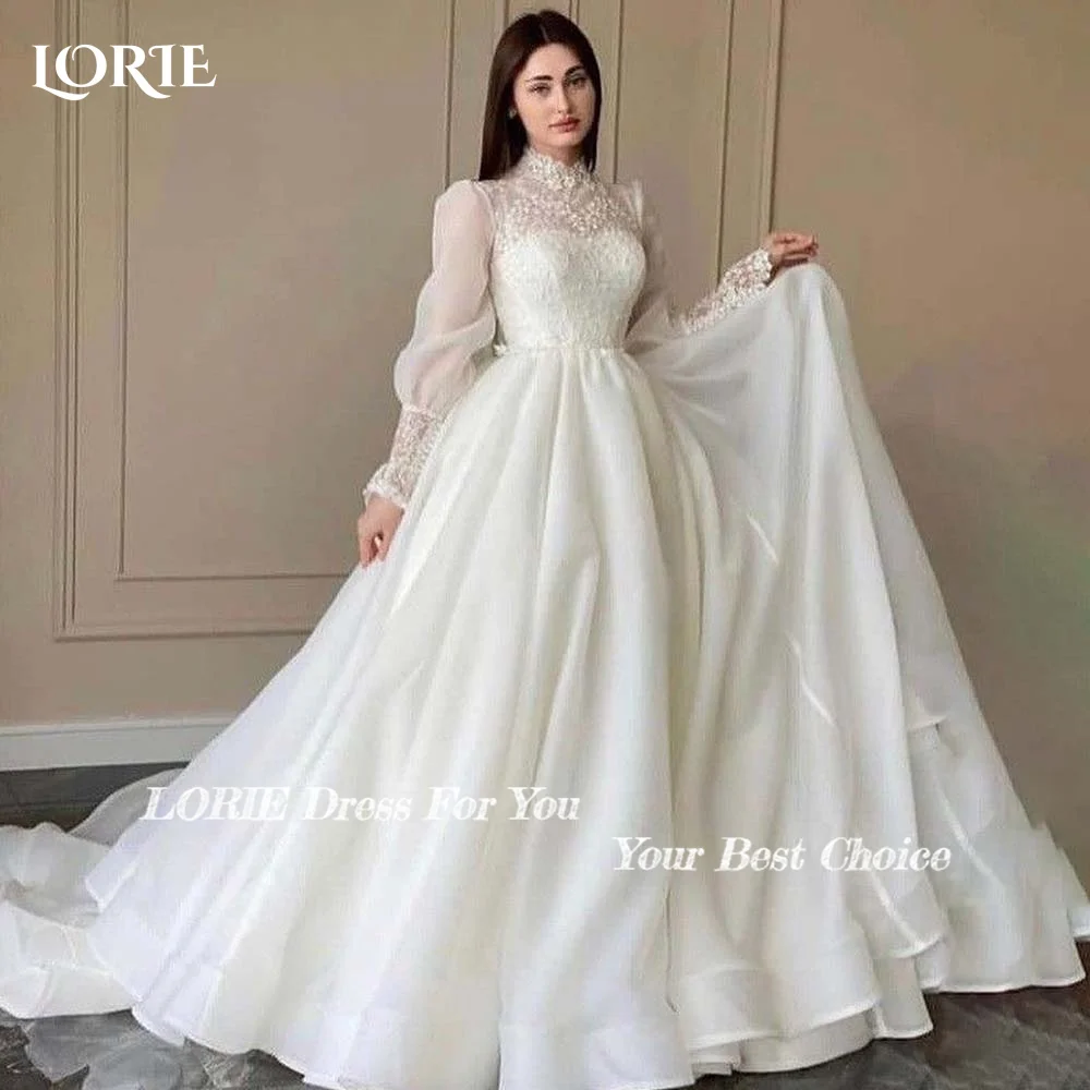 

LORIE Vintage Satin Wedding Dresses High Collar A-Line Puff Sleeve Button Bridal Gown Princess Muslim Bride Dress Customized
