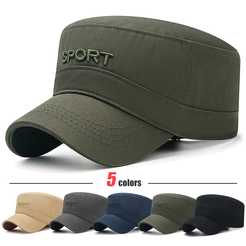 New 5-Color SPORT Letters 3D Embroidered Flat-Top Military Cadet Cap Dad Caps Military Enthusiasts