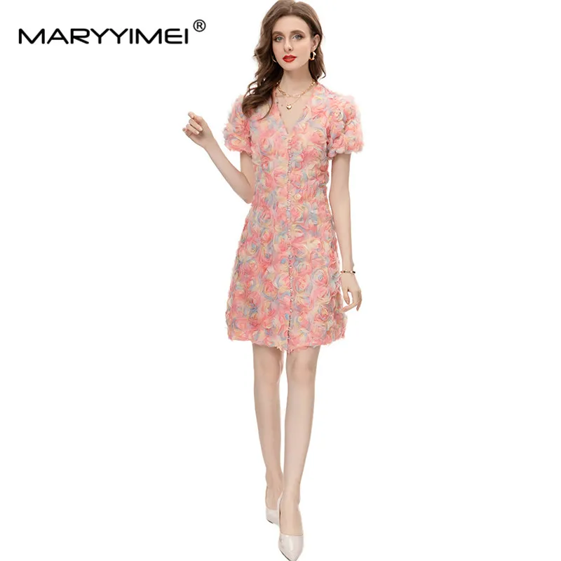 MARYYIMEI New Fashion Runway Designer Women's Clothing V-Neck Short-Sleeved Single-Breasted Colorful Gauze Tray Flower Dress