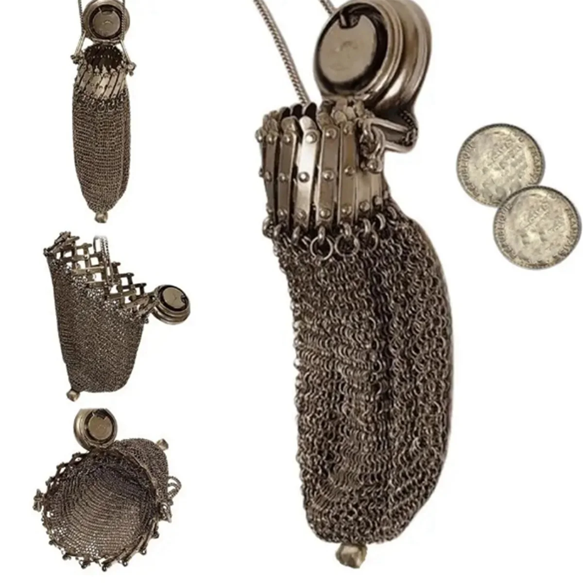 ABQR handgemaakte jaren 1920 Engelse portemonnee, Victoriaanse zilveren twist deksel poort mesh portemonnee Victoriaanse sterling zilveren muntzak A