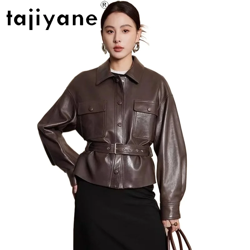 TAJIYANE オイルワックス加工シープスキンレザージャケット女性用スタイリッシュベルトコートショートリアルレザージャケット2026春婦人服дубленка