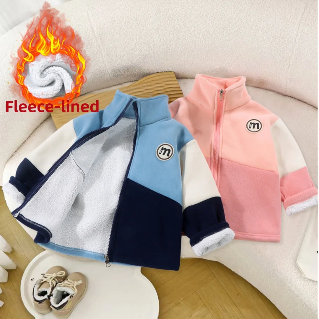 

Kids Double-Sided Fleece Color Block Jacket 1-10Y Children Girls Boys Warm Thickened Zipper Coat Casual Autumn Winter Outerwear