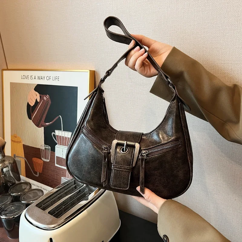 2024 Y2K Retro Belt Design PU Leather Shoulder Bags for Women Small Vintage Female Underarm Crossbody Bag Fashion Handbags