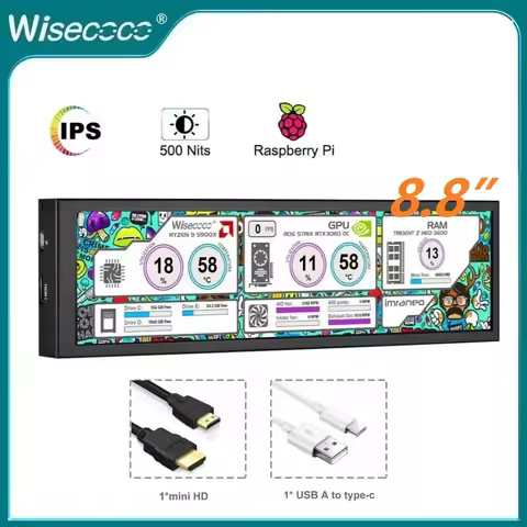 Wisecoco 8.8" FHD Mini Secondary Screen 1920x480 HDMI Type-C Compatible with PC Laptop Raspberry Pi Aida64 Ready
