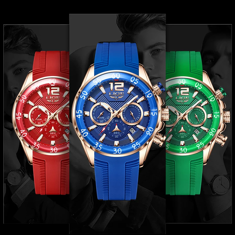 LIGE Fashion Mens Watches Top Brand Silicone Watch Men Luxury Sport Quartz Chronograph Clock Male Waterproof Watch Reloj Hombre