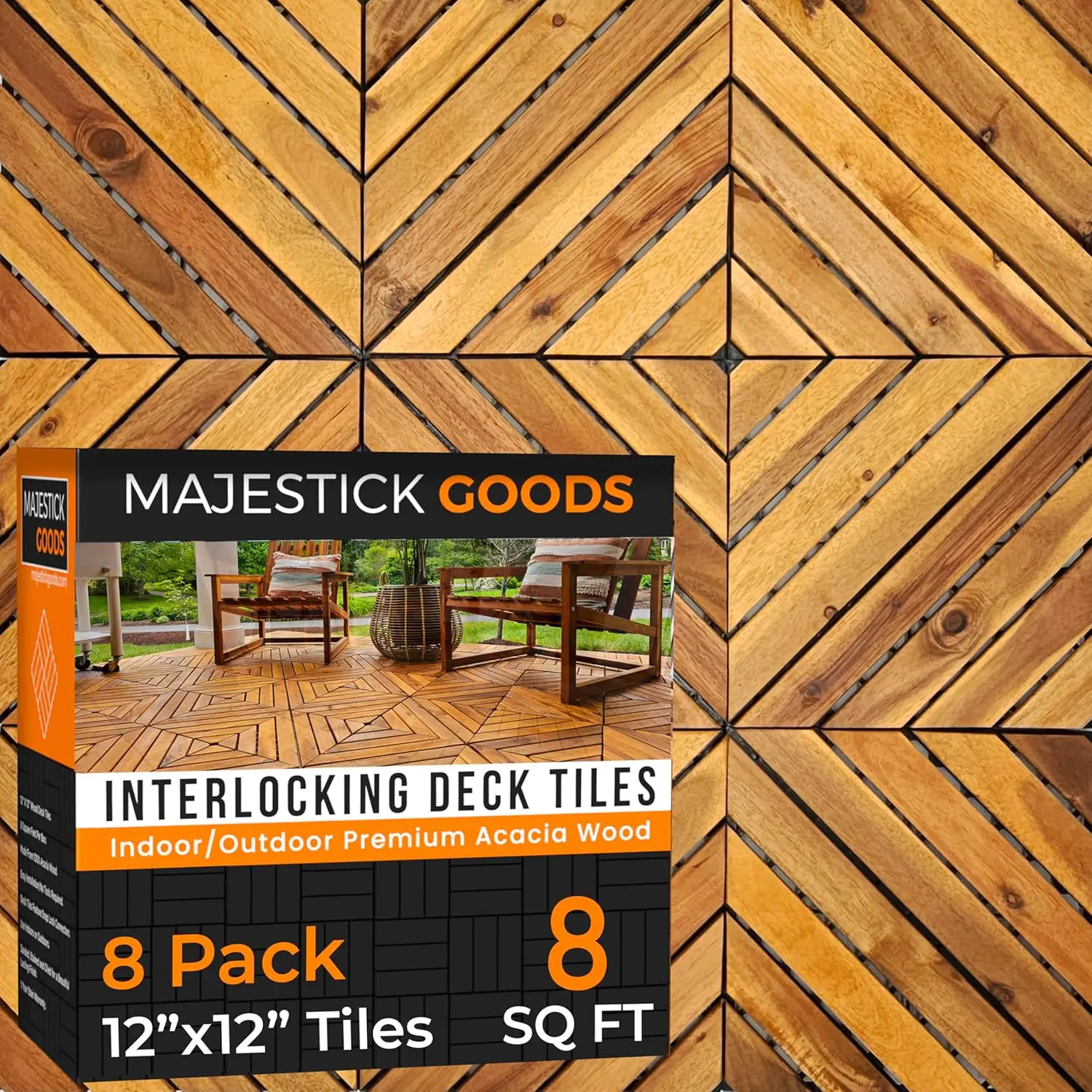 

Interlocking Deck Tiles 8 Pack Diagonal - Snap Together Wood Flooring | 12 X 12 Acacia Hardwood Outdoor Flooring For Patio |