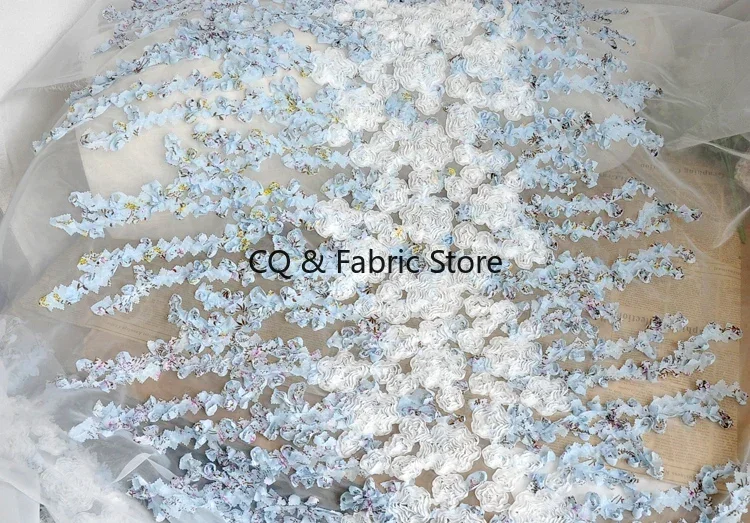 Blue Organza 3D Three-dimensional Plate Flower Fabric Chiffon Texture Flower Fabric Clothing Skirt Evening Dress Designer Fabric