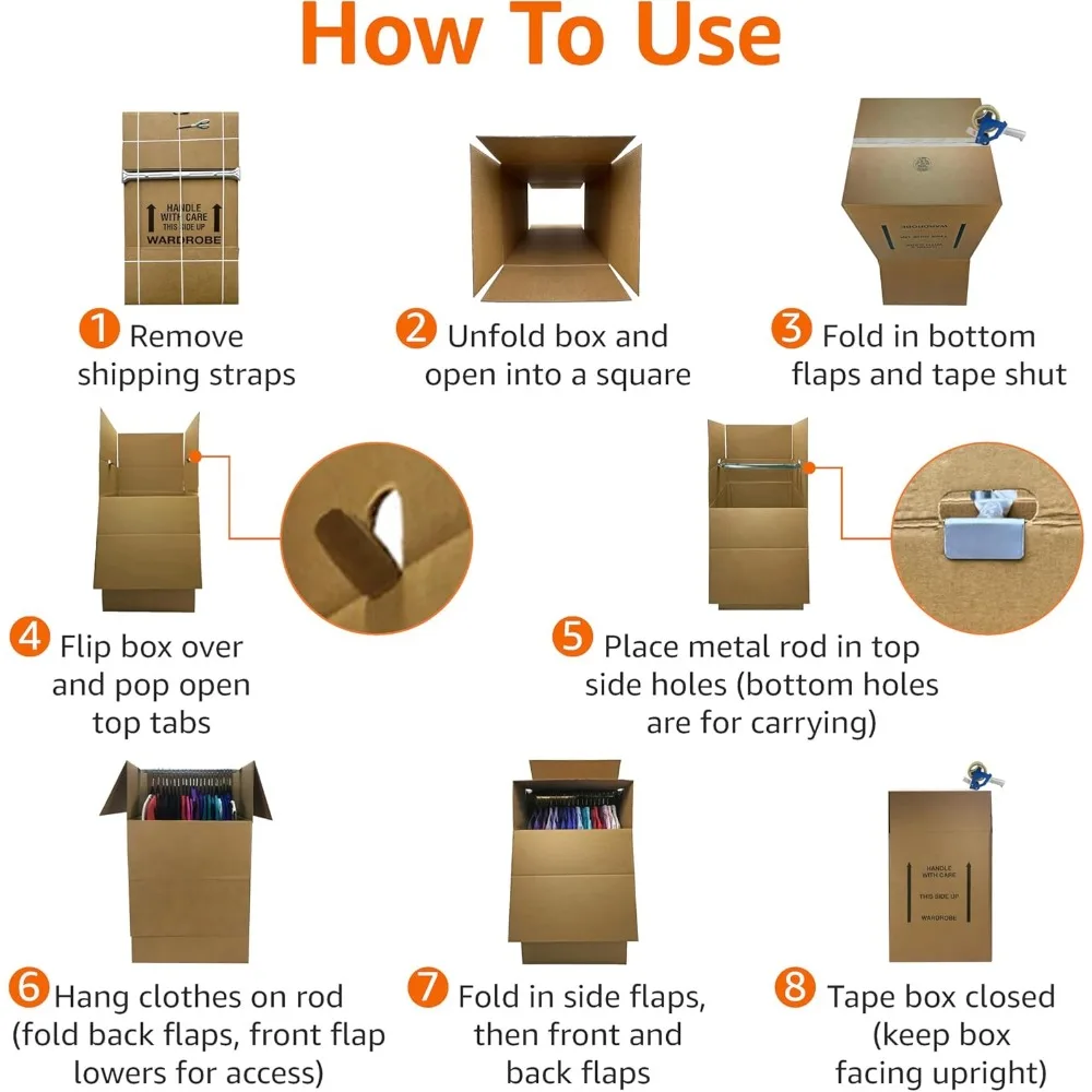 Wardrobe Clothing Moving Boxes with Bar, 6 Pack, Brown, 24 x 24 x 40