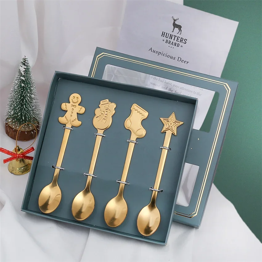 4Pcs Gold/Silver Christmas Coffee Spoons with Gift Box Stainless Steel Gingerbread Man Dessert Spoons Cutlery Spoon Xmas Gift