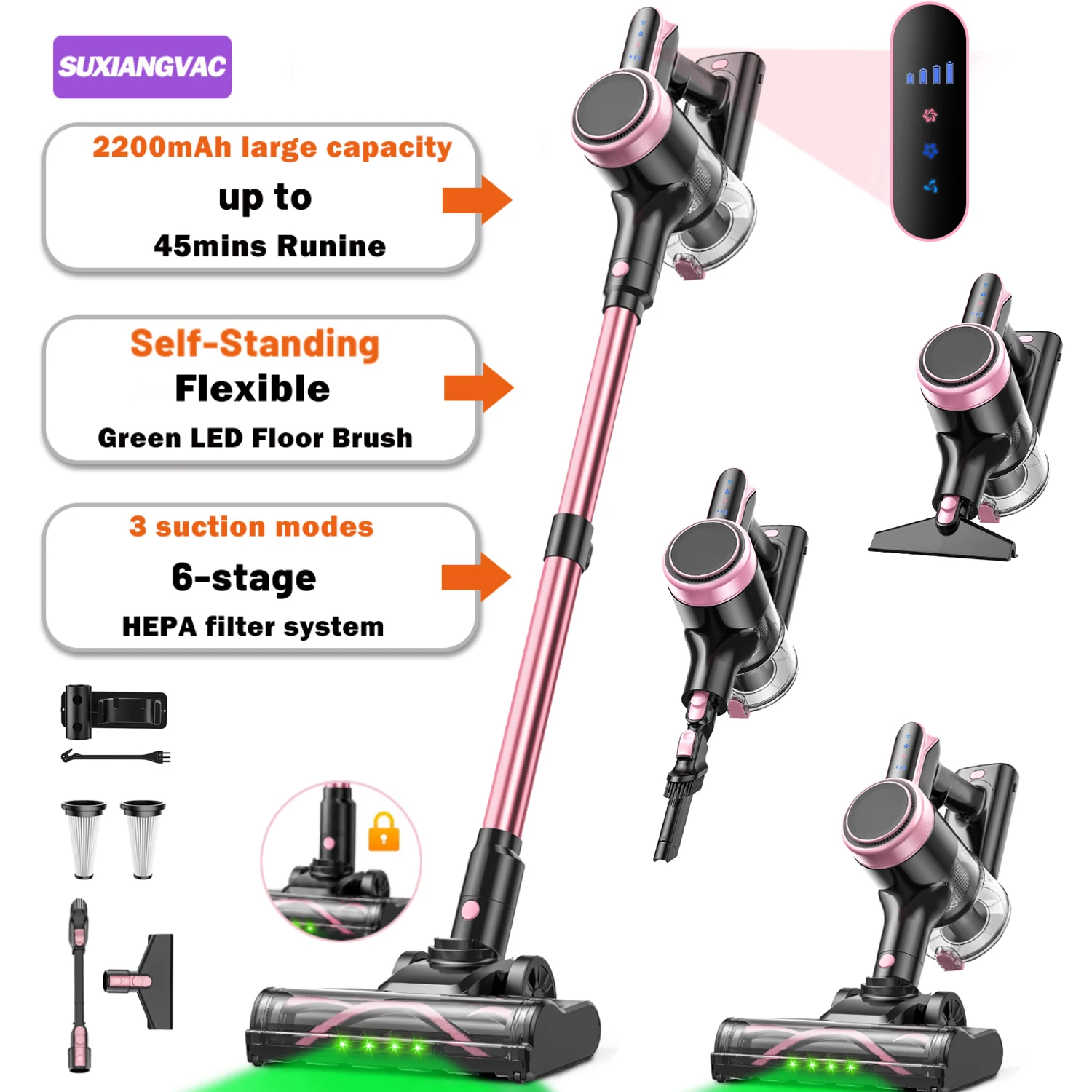 Cordless Vacuum Cleaner,  Self-Standing Lightweight Powerful Stick Vacuum Cleaners, Upgraded LED Light Brush/Extra Long Hose/3 Modes And 45Mins Runtime, 2500mAh Removable Battery, 10-in-1 Anti-Tangle Handheld Vacuum Cleaner For Carpet, Pet Hair