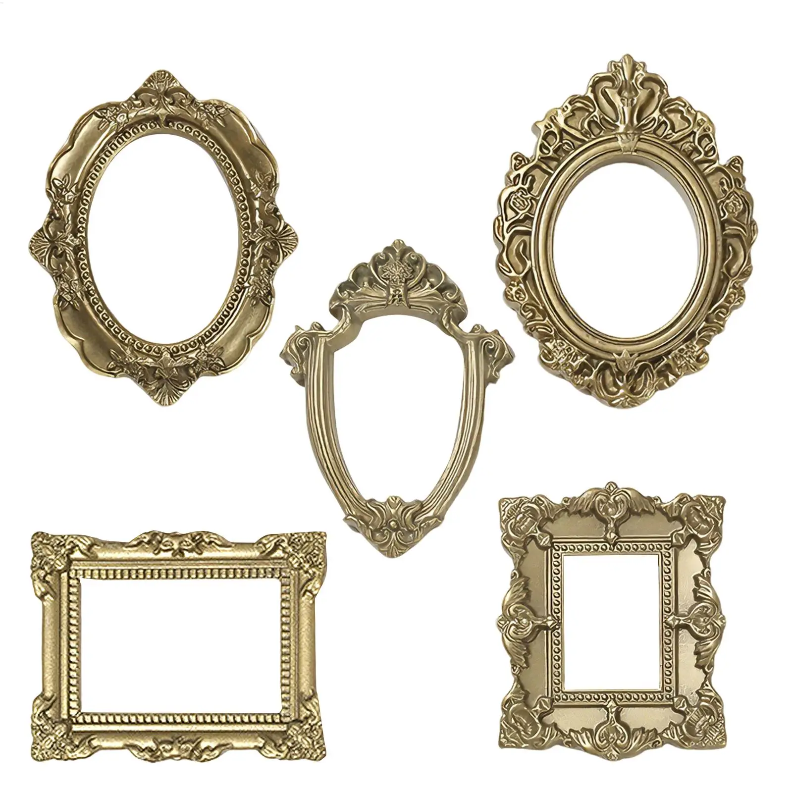 5pcs Miniature Picture Frame Decor Accessories Small Gold Resin Frames Mini House ornament Photo Display Props Vintage Frame