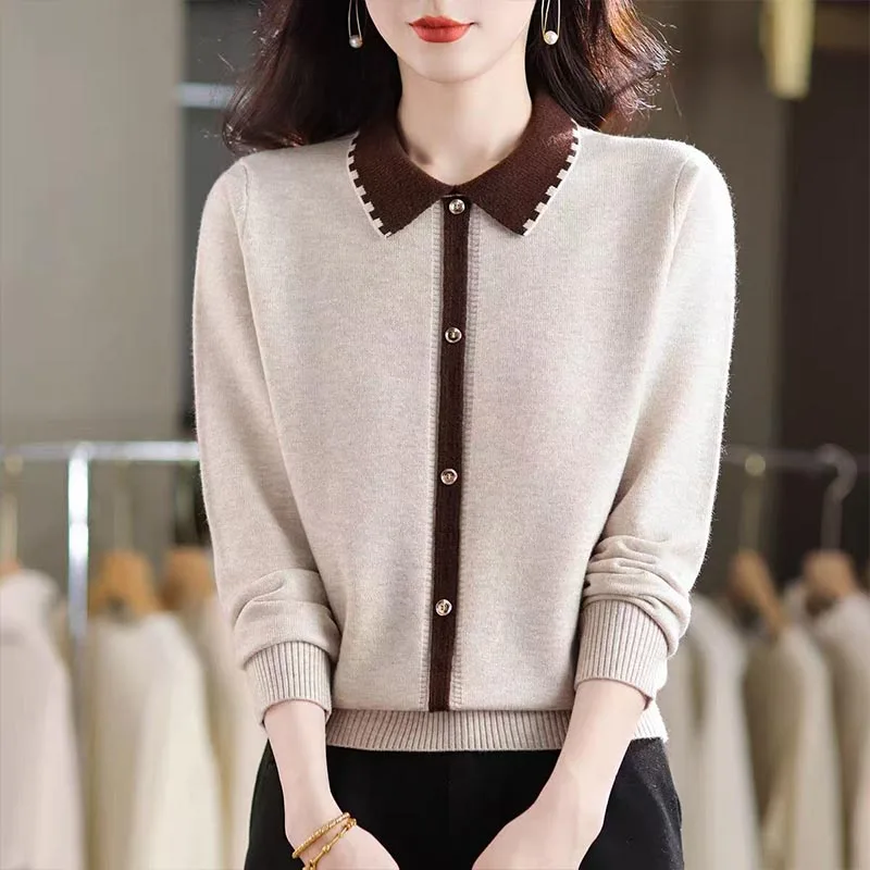 

Autumn Winter New Fashion Patchwork All-match Turn-down Collar Sweaters Women's Clothing Elegant Button Knit Pullovers Lady Tops