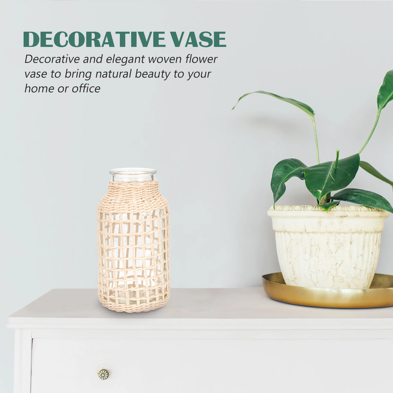 

Rattan Glass Vase Floral Containers Woven Flowerpot Simple Table Vase Plants Container Creative Home Office Decor Japanese Style