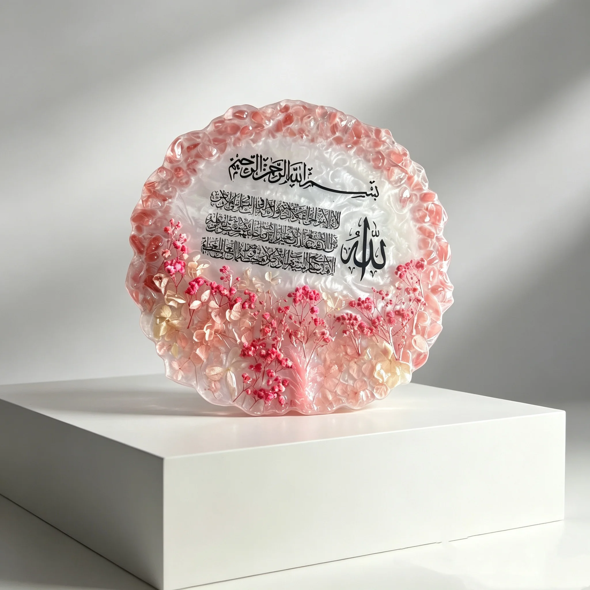 Custom Ayatul Kursi Round Resin Decor with Preserved Gypsophila Islamic Calligraphy Plate Muslim Home Table Ornament Ramadan Kar
