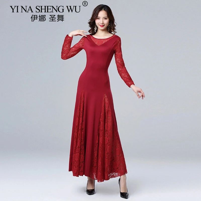 Adult Modern Dance Dress Waltz Flamenco Ballroom Dance Competition Performance Costumes Women Lace Long Sleeve Dance Dress