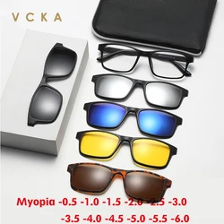 VCKA Myopia Polarized Sunglasses Men Women Square TR90 Glasses Frame Five-piece Night Vision Magnetic Clip Eyewear -0.5 to -6.0