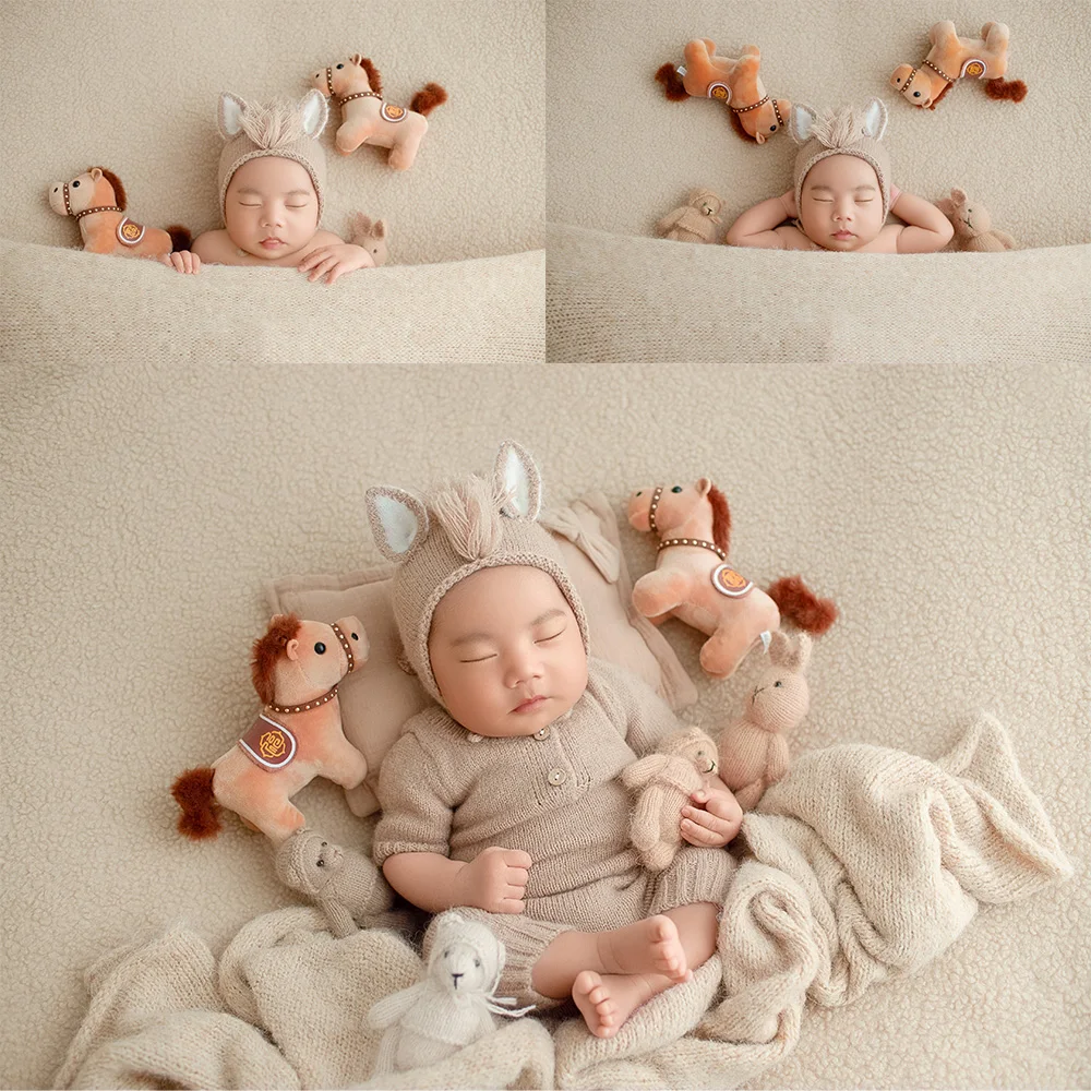 

Newborn Milestone Photography Props Horse Themed Baby Knitted Photo Shoot Outfit Cute Animal Dolls Decor Props for Photographers