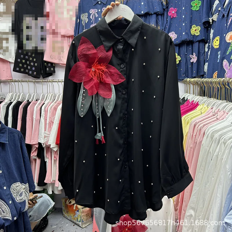 Trójwymiarowe Kwiaty Diamenty Kardigany Top Damski Jednorzędowy Luźny Długi Rękaw Bluzki Eleganckie Codzienne Koszule Damskie