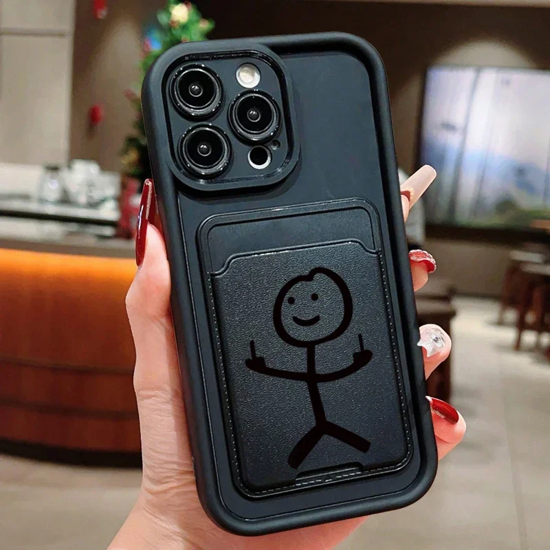 Cartoon Fun Matchman Insert Card Bag Silicone Soft Phone Case For iPhone 17 16 15 14 13 12 11 Pro Max 7 8 Plus 16E Soft Cover