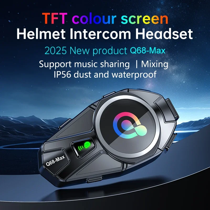 Q68-Max Motorcycle Helmet Bluetooth Headset 2-Riders 500m Intercom Noise Reduction Auto Answer TFT Color Display IP56 Waterproof