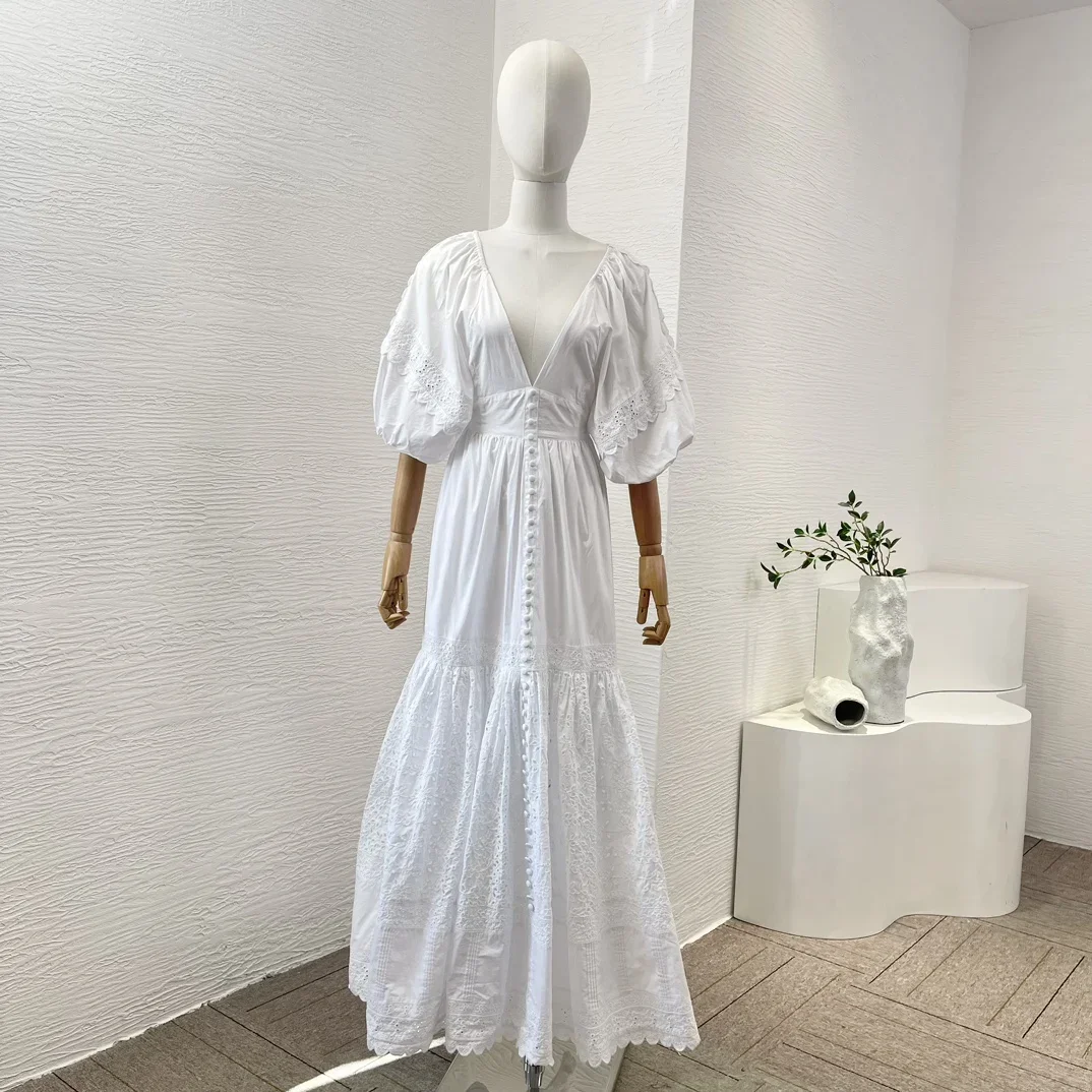 White Hollow Out Embroidery 2024 Latest Collection Deep V-neck Backless Women Summer High Quality Cotton Bow Tie Maxi Dress