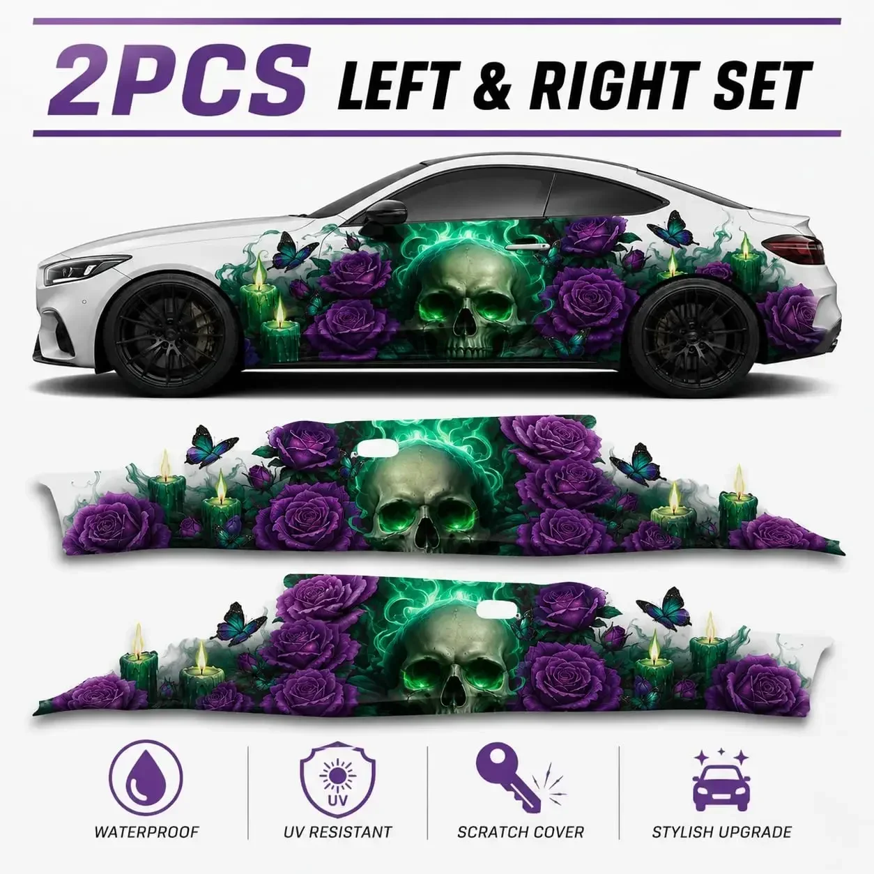 2PCS Skull Car Side Decals Vinyl Wrap – Green Glow Skull Purple Rose Gothic Auto Body Stickers Waterproof