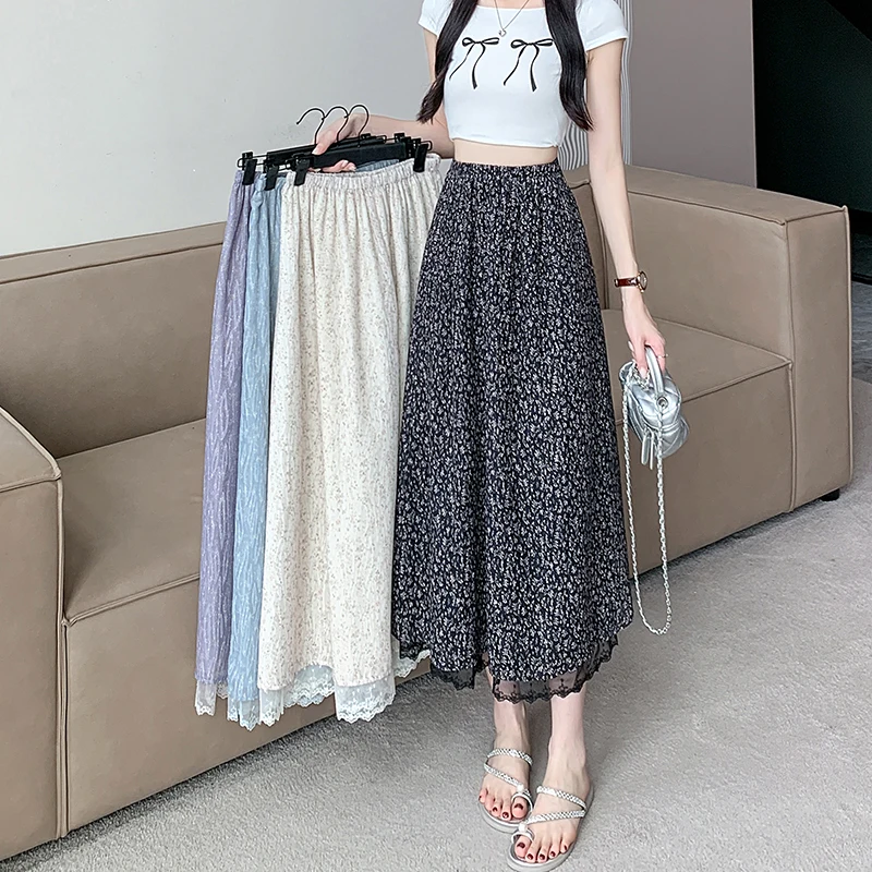 French Jacquard Midi Skirts Women High Waist Polyester A Line Skirt Vintage Elegant Lace Patchwork Streetwear Loose Skirts New