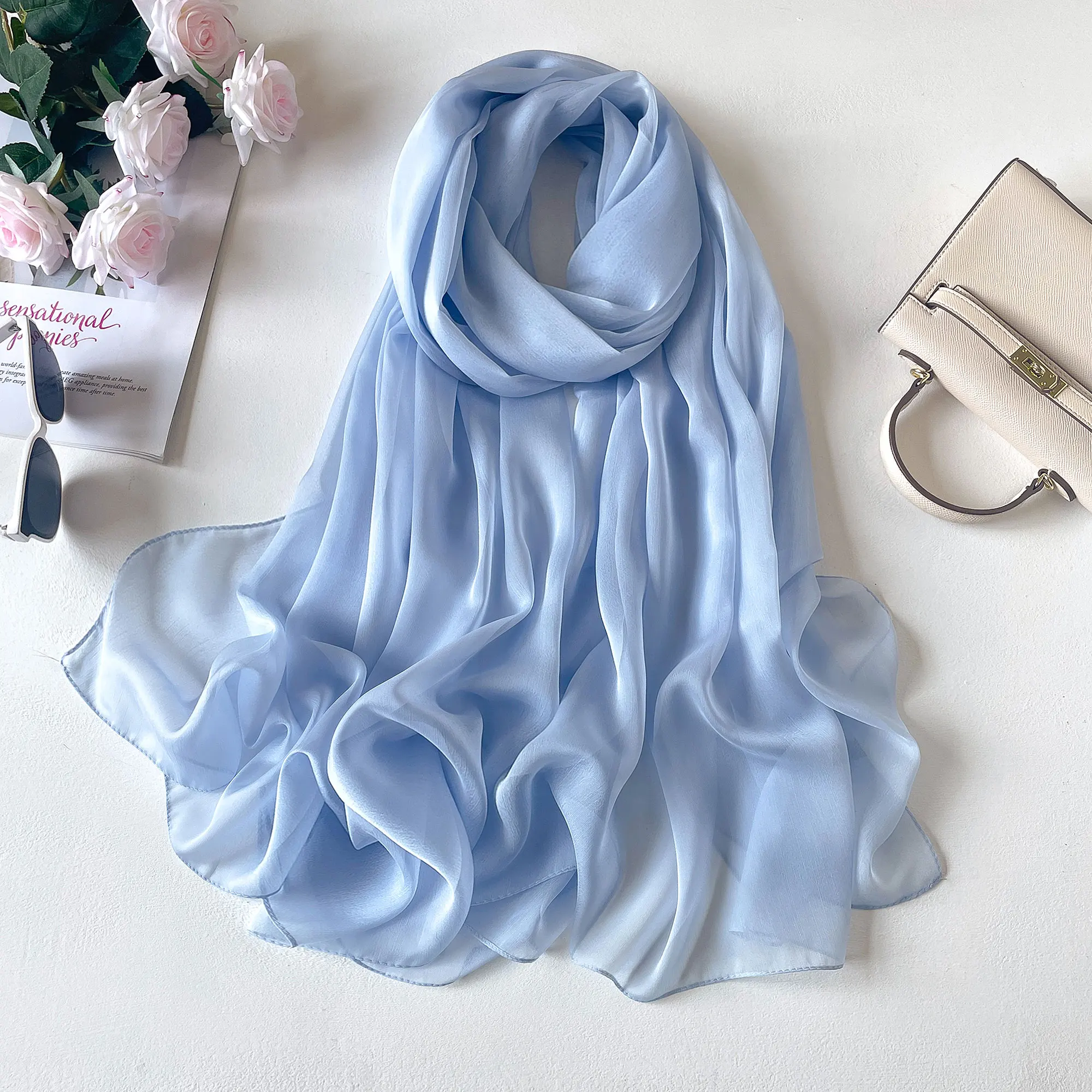 Solid Color Transparent Chiffon Silk Scarf Summer Beach Towel Sunscreen Shawl Muslim Long Shawl Islamic Turban Bandanna Hijab