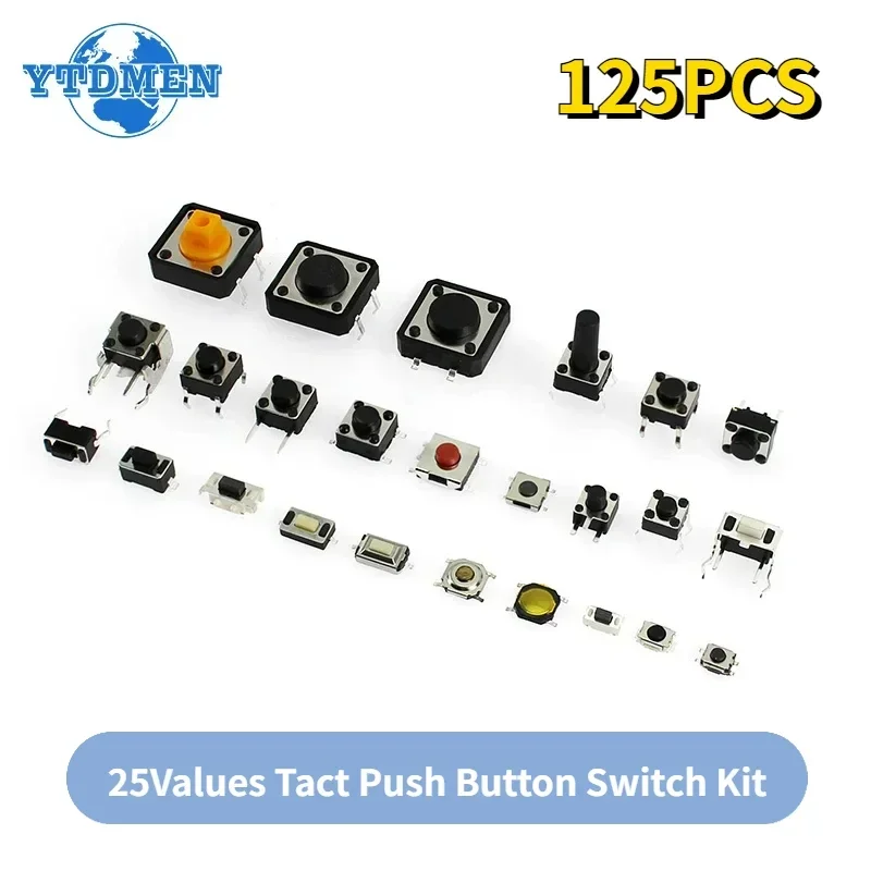 125 pièces 25 Types assortis Micro interrupteur bouton poussoir interrupteurs tactiles SMD DIP réinitialiser Mini interrupteur à feuilles 2*4 3*6 4*4 6*6 Kit de bricolage