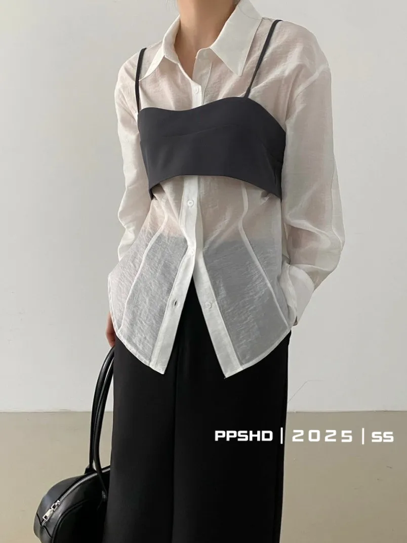 

Шикарный ретро-прозрачный жилет с одной пуговицей irt Wave ape Tube Top Strap Vest, комплект из двух предметов, женский длинный воротник све C...