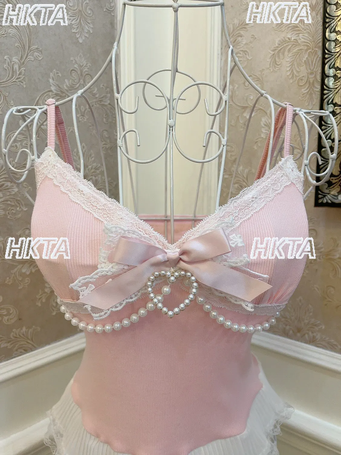 

Женский жилет принцессы в стиле каваи с бантом в форме сердца и жемчугом, v-образный вырез, кружевная отделка, облегающие укороченные топы Y2k, камзол Лолита