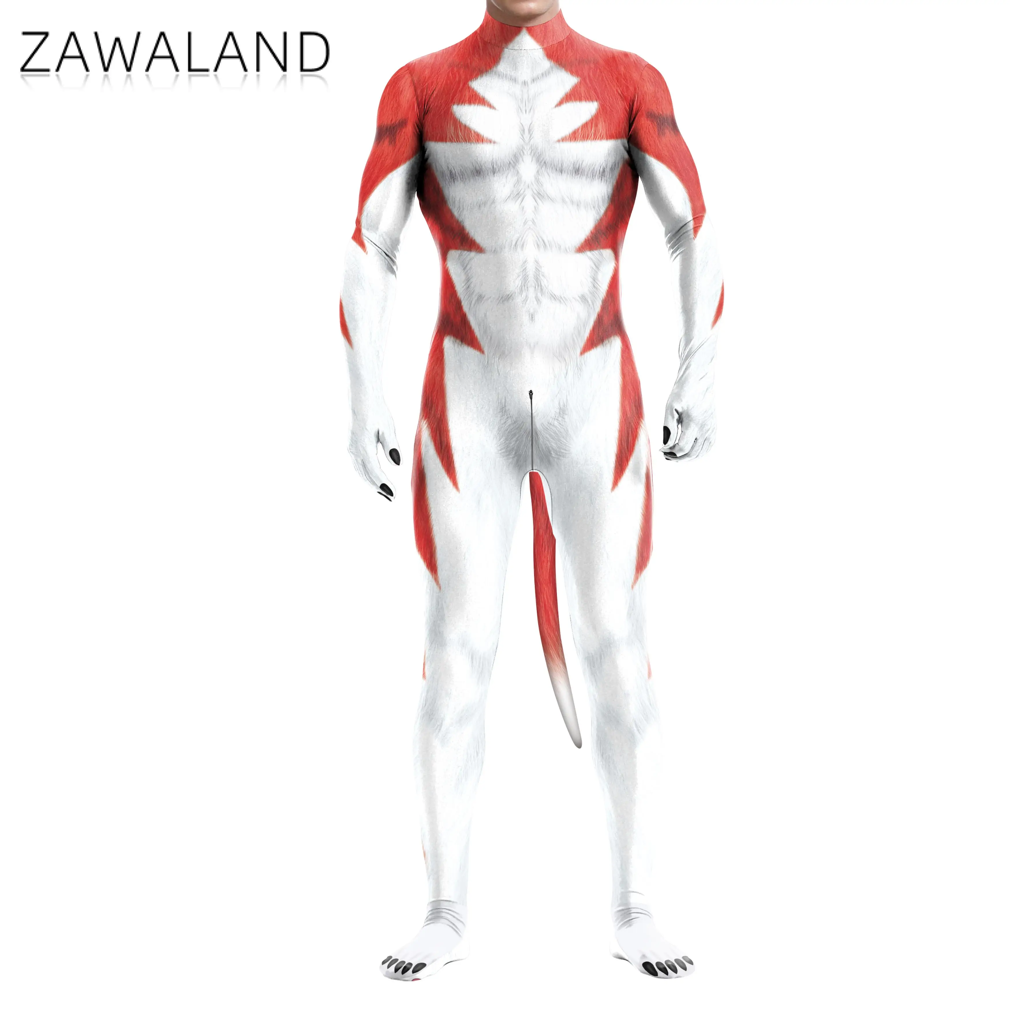 Zawaland Men Red Husky Petsuit Full Cover Animal Costume Adult Kids Carnival Purim Holiday Party Clothes with Tail Zentai Suit