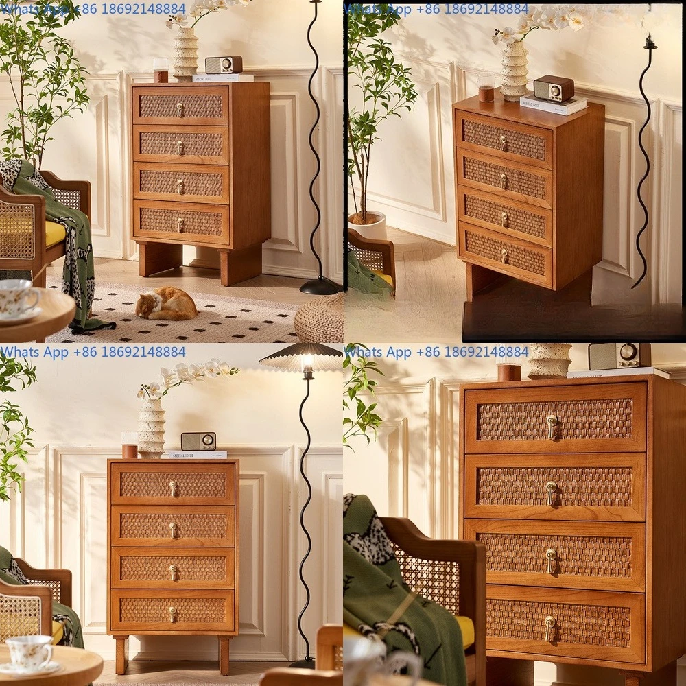 

Rattan Cabinet for Bedroom Storage Minimalist Style Wooden Drawer Unit Vintage Design Home Organizer