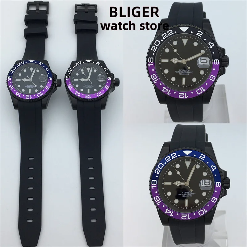 BLIGER NH35 PT5000 MIYOTA Black Purple/Blue Purple Insert Automatic Men\'s Watch 40mm Black case Rubber bracelet Date Sapphire