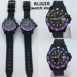 BLIGER NH35 PT5000 MIYOTA Black Purple/Blue Purple Insert Automatic Men's Watch 40mm Black case Rubber bracelet Date Sapphire