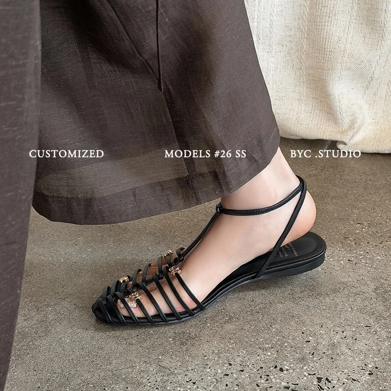 2026 summer women sandals natural leather plus size 22-25.5cm cowhide+microfiber weave+sheepskin buckle low heel women shoes view 2