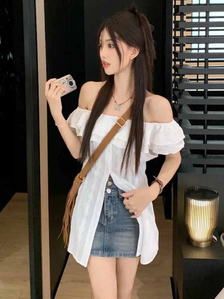 Bluse für Damen, sexy, Slash-Ausschnitt, ärmellos, Sommerhemd, Rüschen, einreihig, süße Blusen, Y2k, gehäkelt, schlank, süße Oberteile