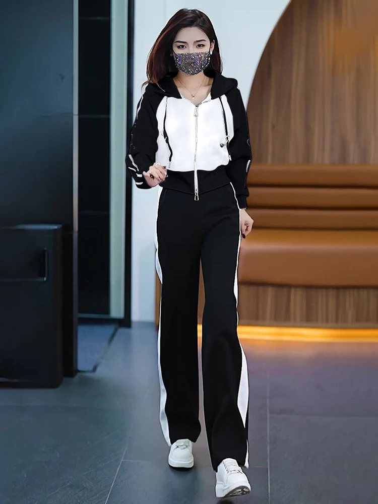 Zip Up Sweatshirt Suit for Women Casual Elastic Waist Wide-Leg Pants Sports and Leisure Outfit Autumn Fashion 2-Piece Set 2023