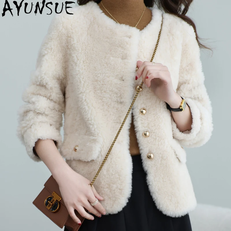 

AYUNSUE 100% Wool Coat Women Sheep Shearling Jacket Autumn Winter Clothes Woman New in Coats O-neck Пальто Женское Composite Fur