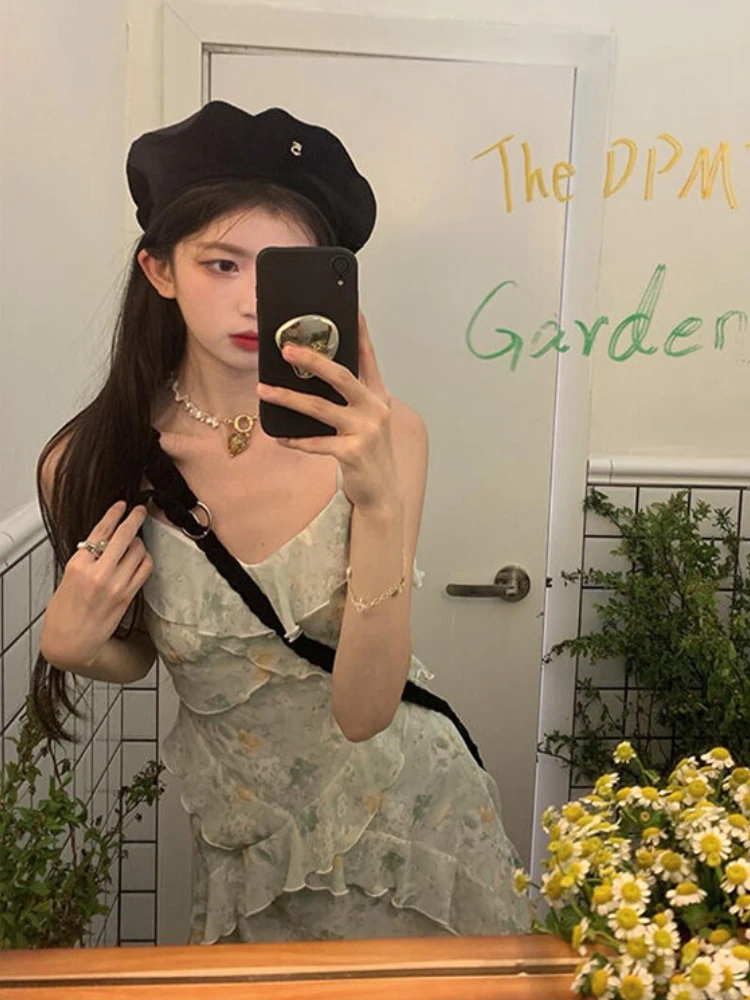 여성용 프릴 페어리코어 미디 드레스, 프렌치 스타일, 빈티지 프린트, 세련된 미적, 불규칙 디자인 공주, 여름